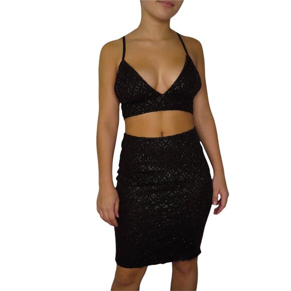 UO  Babyboo Black Sparkly Sexy Two Piece Set Tank & Mini Skirt Small - Picture 1 of 8